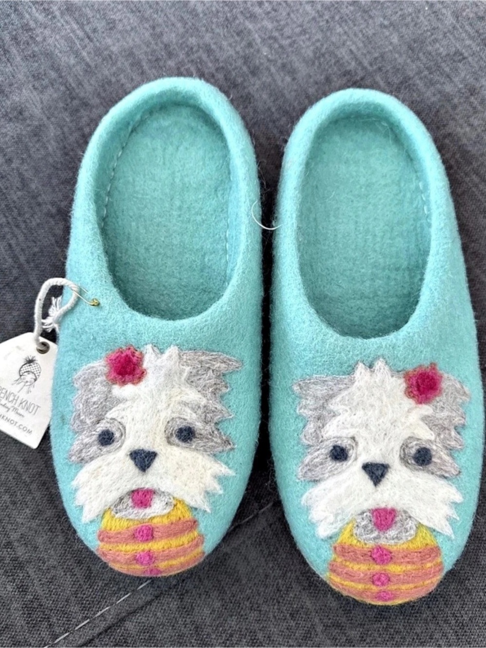French Knot Dog Wilbur Slippers Handmade Leather Sole 100% Wool Size M